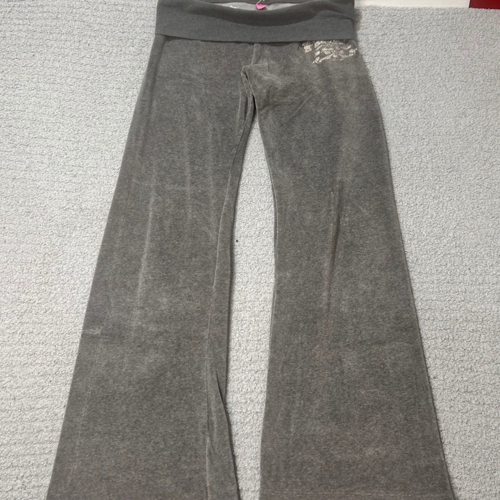 VS Pink Yoga Pants 2005 Velour XS Grey Y2K McBling Flare Foldover Loungewear